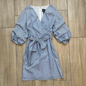 Adrianna Papell Wrap Dress Womens 6 Blue Stripe Tie Waist Ruffle Sleeve NWT